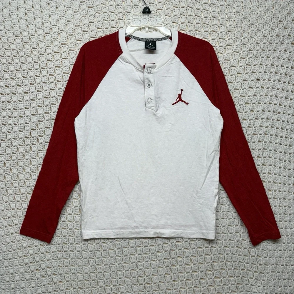 Jordan Henley Shirt Mens Sz M Red White Raglan Long Sleeve 100%Cotton 632084-100